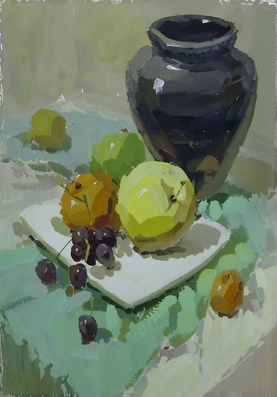 水粉陶罐和水果的结合图片